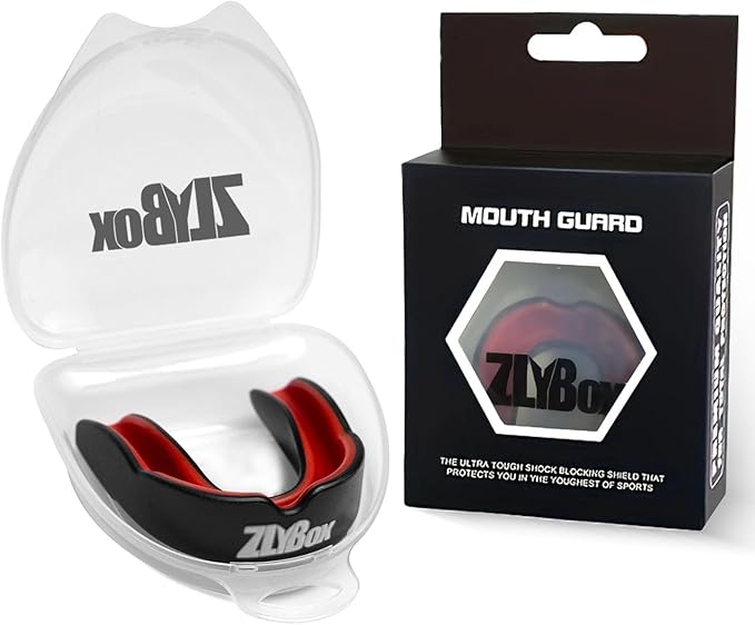 Dual-Layer Sports Mouth Guard for Adults & Youth with Case - Dental Protection for Boxing, Football, MMA, Hockey, Basketball, Lacrosse & All Contact Sports (Black red)