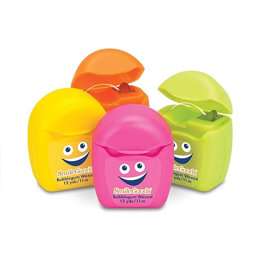 Practicon SmileGoods Cuties Bubblegum Waxed 12 Yard Dental Floss, Mini Sample Size Floss for Giveaways, Travel, Kids, Adults, Patients, Assorted Bright Colors with Display Canister, Bulk 72 Pack