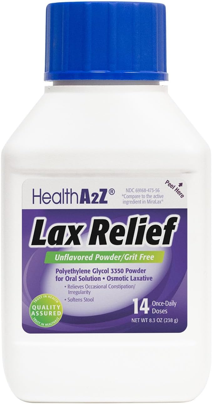 HealthA2Z® Lax Relief | Unflavored Powder/Grit Free | 8.3 OZ (238 g) | Polyethlene Glycol 3350, 17G | Powder for Oral Solution | Osmotic Laxative | Constipational Relief | Softens Stool (8.3 OZ)