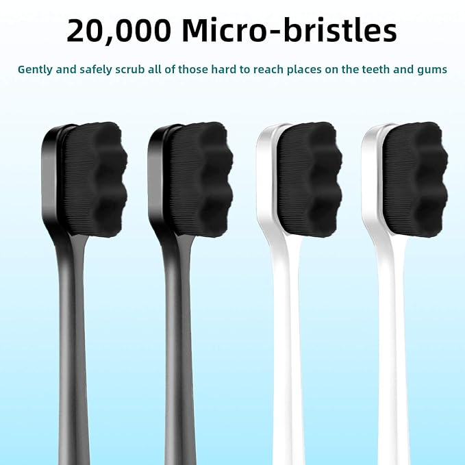 Patelai 8 Pcs Extra Soft Toothbrush Micro Nano with 20, 000 Ultra Soft Bamboo Charcoal Bristles for Adult, Sensitive Gum, Brace and Gum Recession(Black, White Handle with Black Bristle)