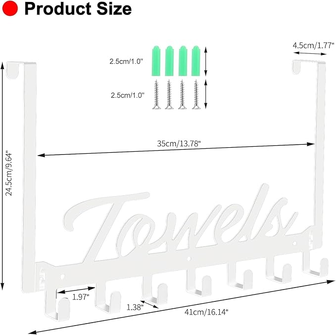 Over The Door Hooks, Heavy Duty Towel Rack with 7 Coat Hooks for Bedroom Bathroom Pool Kitchen Towels and Bags (White)