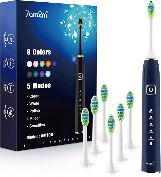 7AM2M Ultrasonic Electric Toothbrush with 6 Brush Heads for Adults&Kids, Type C Charging, One Charge for 120 Days, 5 Modes&40000VPM Powered Toothbrush, 6 Minutes Built in Smart Timer (Navy Blue)