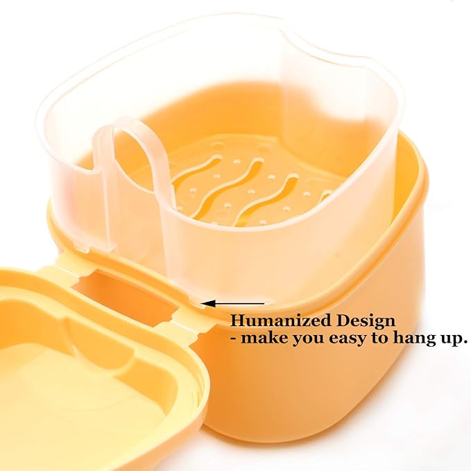 Denture Case, Denture Cup with Strainer, Coolrunner Denture Bath Box False Teeth Storage Box with Basket Net Container Holder for Travel, Retainer Cleaning