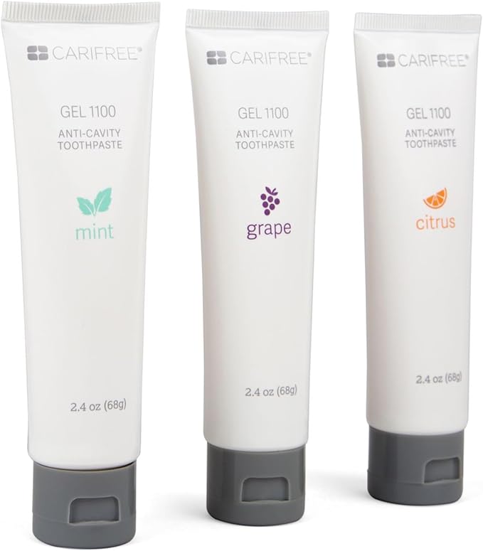 CariFree Gel 1100, Variety Pack with 3 Flavors (Mint, Citrus, Grape), Anti-Cavity Fluoride Toothpaste, Nano Hydroxyapatite for pH Neutralization, Freshens Breath & Moistens Mouth, Dentist Recommended