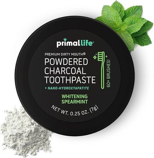 Primal Life Organics - Dirty Mouth Toothpowder, Activated Charcoal Tooth Cleaning Powder, Essential Oils with Kaolin & Bentonite Clay, 200+ Brushings, Organic, Vegan (Black Spearmint, 0.25 oz)