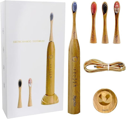 Electric Bamboo Toothbrush Sonic Toothbrush - 4 Replaceable Bamboo Brush Heads Eco-Friendly IPX7 Waterproof Electric Toothbrush, One-Button Switch Five-Mode Brushing