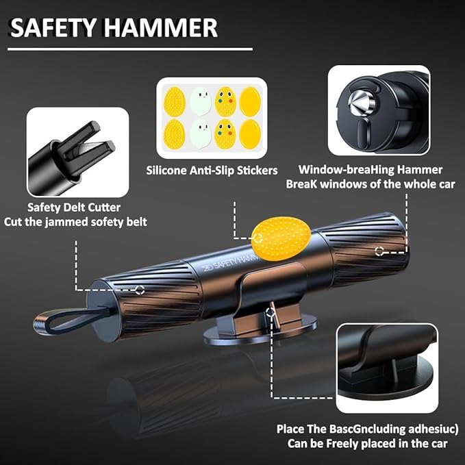 Safehammer - 2025 Upgraded Safe Hammer Glass Breaker Under Water, Car Hammer Seatbelt Cutter Window Breaker Emergency Escape Tool,Free Antiskid, Safehammer Glass Breaker for New Cars (2PCS)