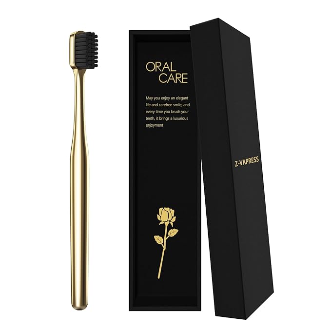 Z-VAPRESS Gold Color Toothbrush Soft Charcoal Bristles Travel Toothbrushes for Adults Luxury Gold Plated Toothbrushes Manual Toothbrush