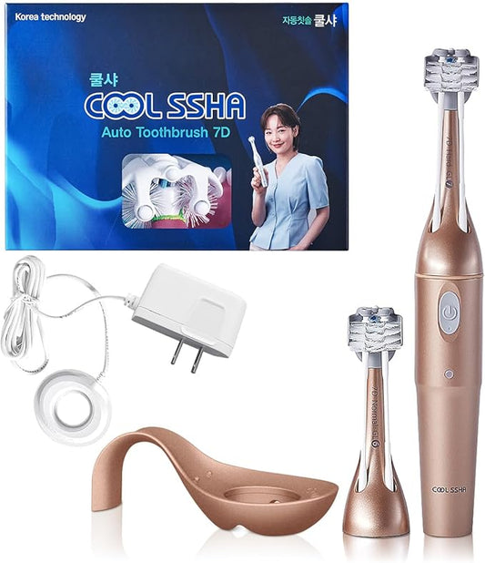 Korean Dual-Action Toothbrush Set - Premium Soft Bristle 3 Head Gold Handle for Deep Cleaning Teeth & Gums
