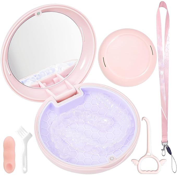 Retainer Case with Mirror and Lanyard,Slim Aligner Case with Vent Holes, Retainer Removal Tool and Brush(Pink with Lanyard)