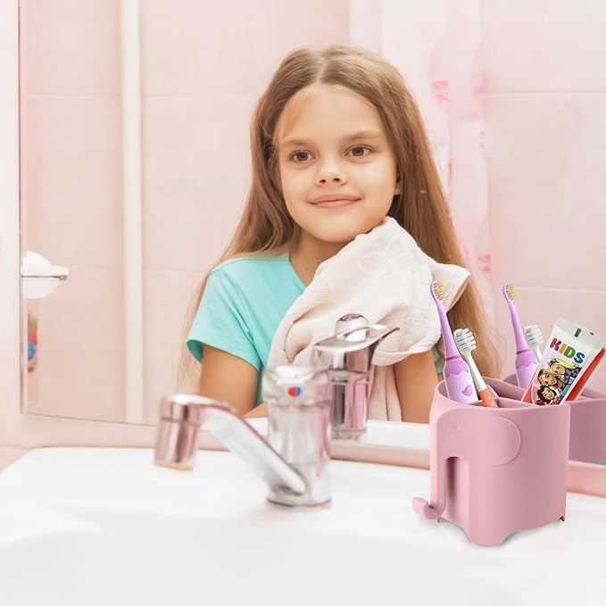 RyanLemon Elephant Toothbrush Holder for Toddler, Suction Cup Cute Toothbrush Holder for Kids, for Bathroom, with 3 Slots and 1 Hook, Pink