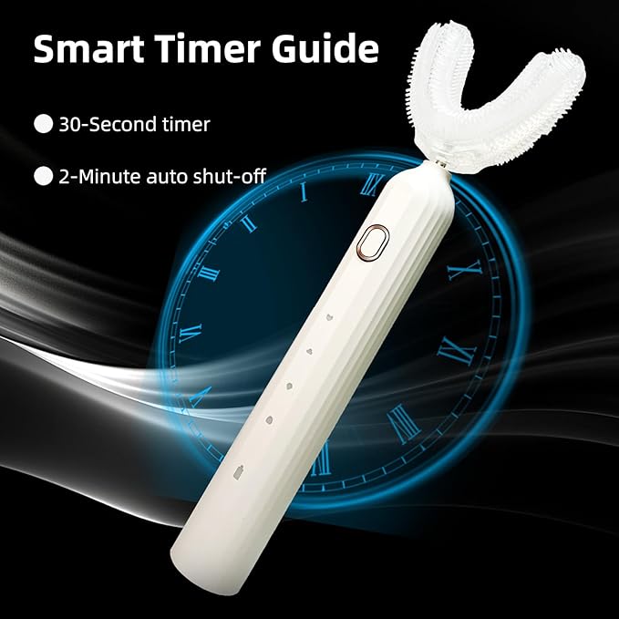 Ultrasonic U-Shaped Toothbrush for Adults, Electric Toothbrush for Teeth Whitening, Automatic 360-degree with Waterproof IPX7, 4 Modes for Cleaning(White)