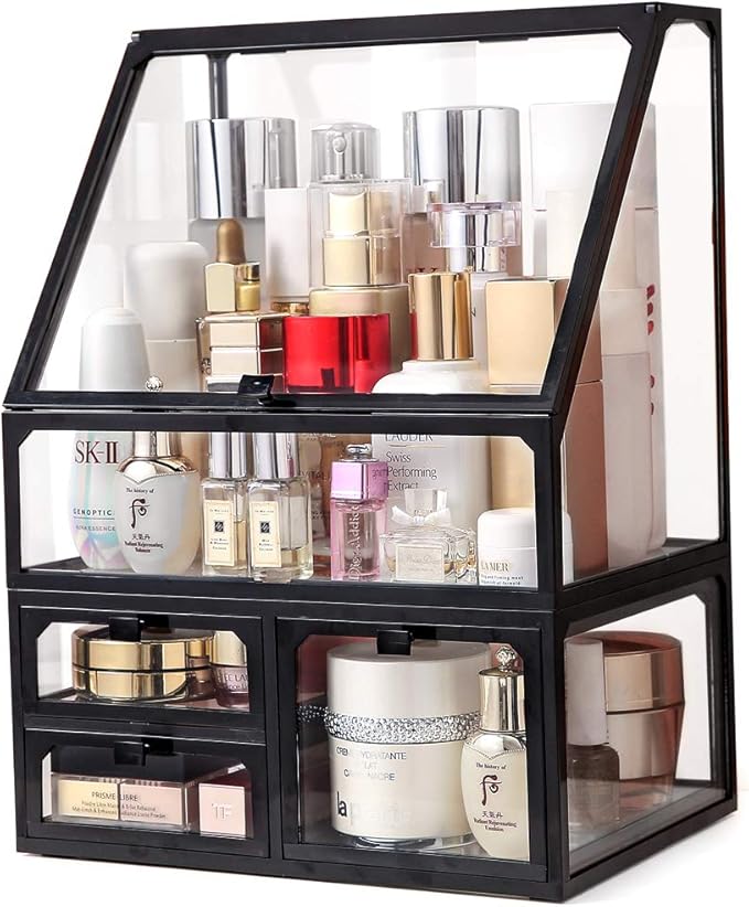 MOOCHI Black Vintage Glass Cosmetic Makeup Organizer 3 Drawers Set Dust Waterproof Cosmetics Storage Display Case Countertop for Brushes Lipsticks Jewelry