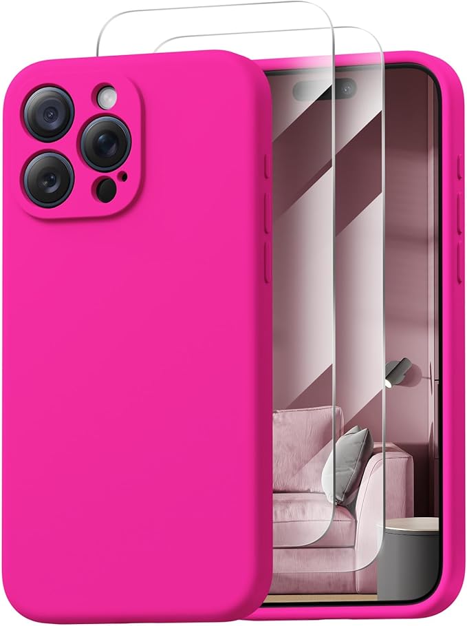 Magnetic for iPhone 15 Pro Case, Compatible with MagSafe, with 9H Nano Screen Protectors, Full Camera Protection, Silicone Shockproof Microfiber Lining Phone Case 6.1", Hot Pink