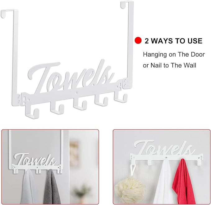 Over The Door Hooks, Heavy Duty Towel Rack with 7 Coat Hooks for Bedroom Bathroom Pool Kitchen Towels and Bags (White)