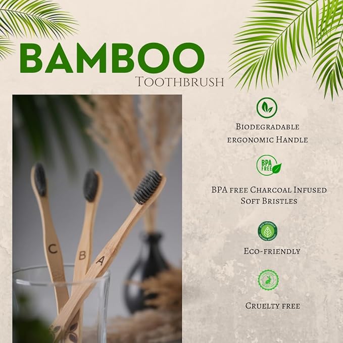 Bamboo Toothbrush 10 Pack, Soft Charcoal-Infused Bristles, Biodegradable, BPA-Free, Eco-Friendly, Sustainable, Natural, Organic and Pure Wooden Toothbrush by Kaili Wellness and More