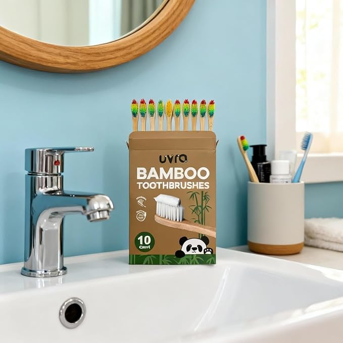 Bamboo Toothbrushes for Adults - 10 Pack Biodegradable Bamboo Toothbrush Teeth Colorful Bristle Natural Bamboo Tooth Brush Dental Eco Wood Toothbrushes (Rainbow)