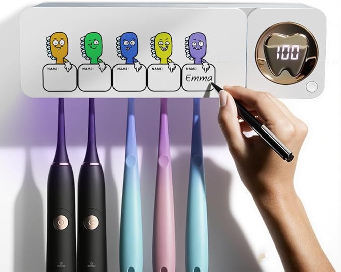 Bathroom Toothbrush Holder, Labelable with User Name, Multi-Slot Toothbrush Cleaner, Rechargeable Toothbrush Holder, Wall Mounted, for Bathroom, No Drilling Required, 5 Slots