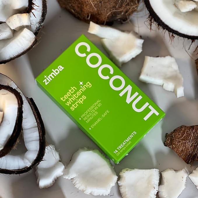 Zimba Coconut Flavored Teeth Whitening Strips | Vegan, Enamel Safe Hydrogen Peroxide Teeth Whitener for Coffee, Wine, Tobacco, and Other Stains | 14 Day Treatment | Coconut