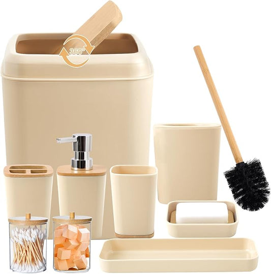 Beige Bathroom Accessories Set 9 Piece Bathroom Accessory Set with Trash Can,Toothbrush Holder,Toothbrush Cup,Lotion Soap Dispenser,Vanity Tray,Soap Dish,Toilet Brush,Qtip Holder
