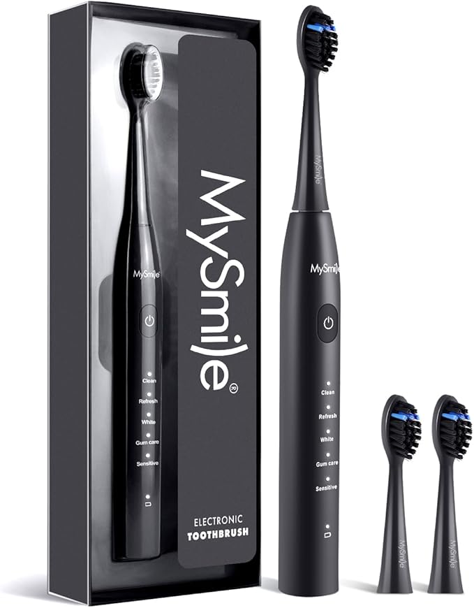 MySmile DY156 Electric Toothbrush for Adults, Rechargeable Sonic Battery Toothbrush Portable with 3 Brush Heads, 2 Mins 5 Modes Smart Timer, 45000VPM, One Charge for 60 Days – Black