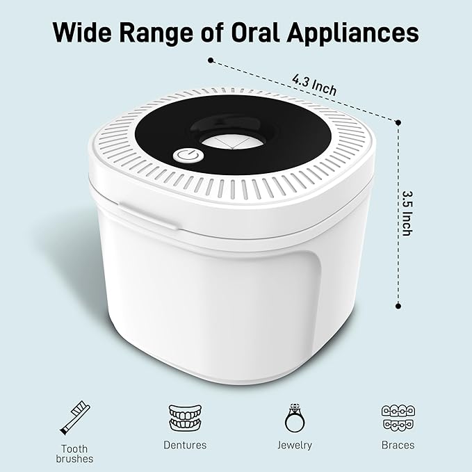 Ultrasonic Retainer Cleaner, Dental Cleaning Pod with U-V Lights, 45kHz Retainer Cleaner Machine for Dentures, Toothbrush Heads, Jewelry, Aligner, Night Mouth Guards (White)