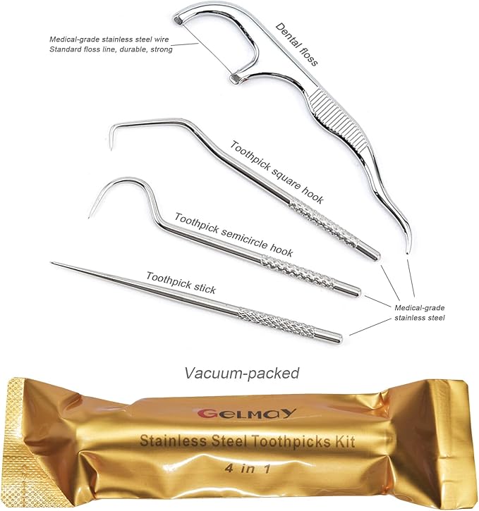 Portable Toothpicks Pocket Set, Dental Floss Picks, Reusable Flosser, Travel Tooth Picker, Flossers for Adults, Stainless Steel Teeth Cleaning Kit