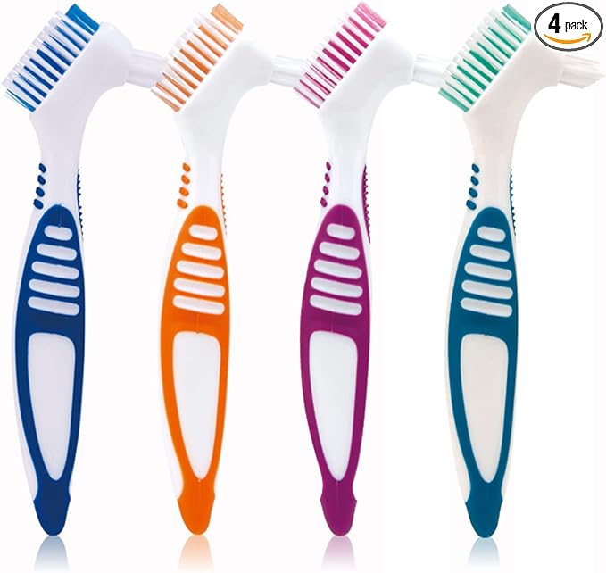 Denture Brush, 4 Pieces Small Toothbrush for Dentures, Multi-Layered Bristles Ergonomic Rubber Handle for False Teeth Cleaning