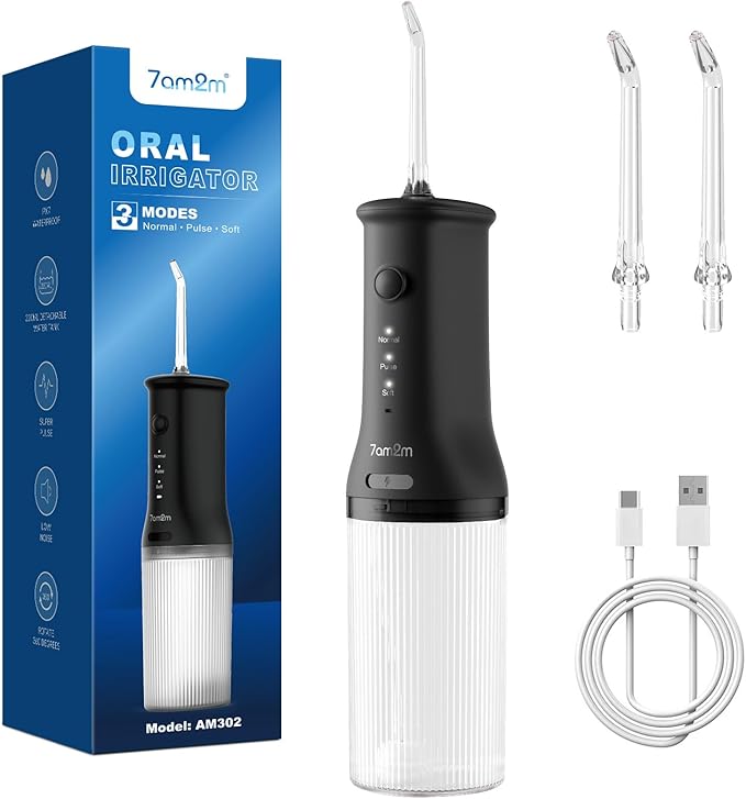 7AM2M Water Dental Flosser Cordless for Teeth with 3 Modes, Rechargeable Travel Portable Cleaner (Black)