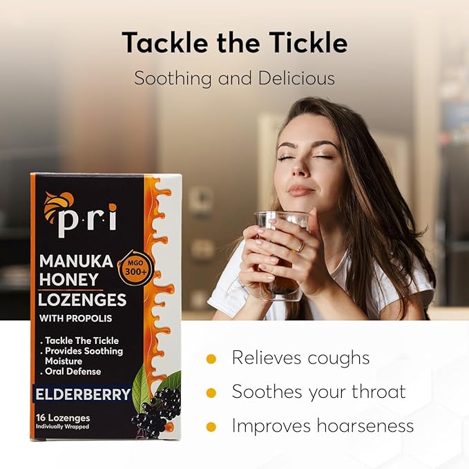 P.R.I Manuka Honey Lozenges with Propolis, Soothing Cough and Throat Drops, MGO 300+ Certified, (Elderberry, 16 Count)