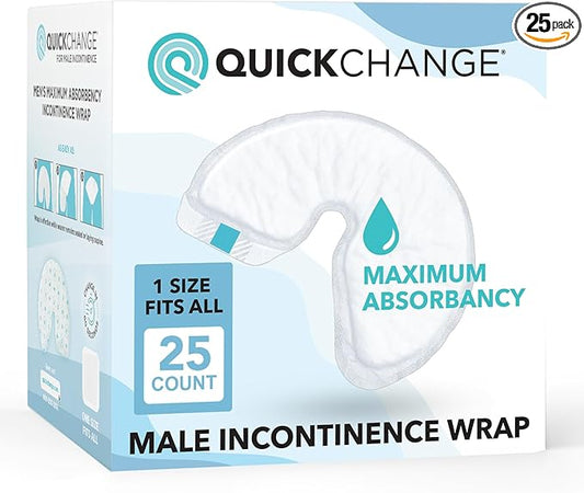 QuickChange Men’s Overnight Adult Incontinence Wrap (Pad), Maximum Absorbency, Holds 17oz Dry to The Touch, Disposable, Fragrance Free, One Size Fits All, Catheter Replacement, 25 Count (25)