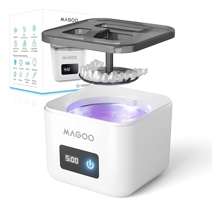 Ultrasonic Retainer Cleaner Machine, Denture Cleaner, All-in-One Dental & Jewelry Cleaner for Aligners, Night Guards, Dentures, Braces, Mouth Guards, Toothbrush Heads, 45kHz, 200ML, Dual Modes