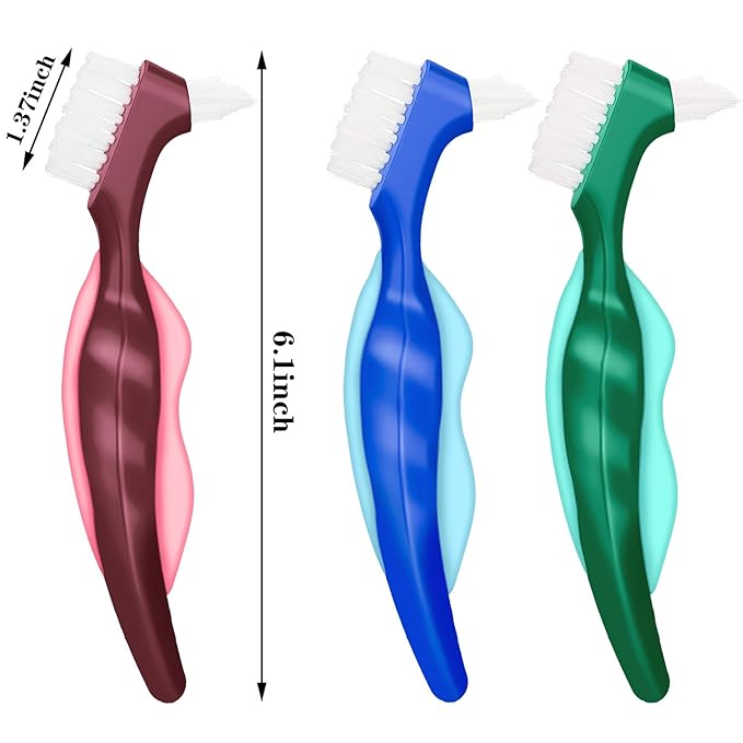 WILLBOND 6 Pieces Denture Brushes Retainer Brush Cleaning Hard Denture Toothbrush with White Carrying Case for False Teeth Cleaning(Red, Green and Blue)
