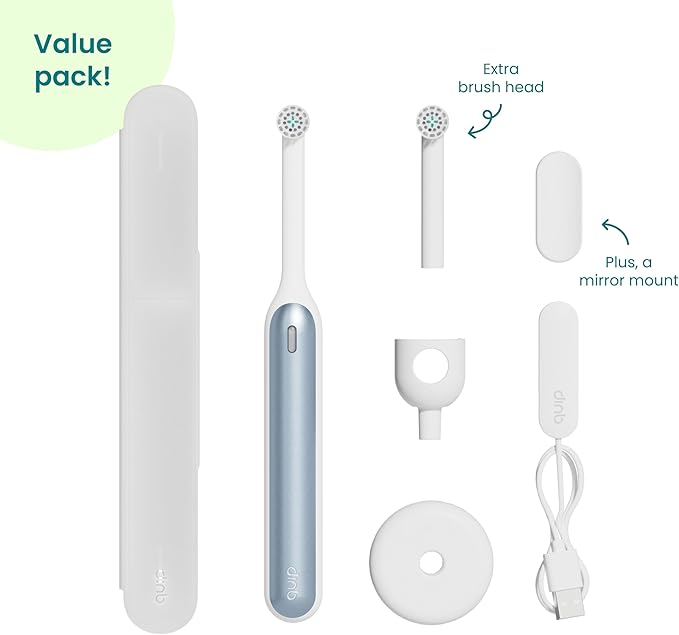 Quip 360 Oscillating Rechargeable Electric Toothbrush with Extra Brush Head - Soft Bristles, Pressure Sensor, 3 Intensities, 30-Day Battery Life, 2-Min Timer, Travel Case, Mirror Mount - Blue Mist