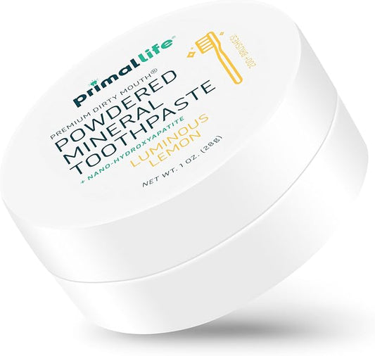 Primal Life Organics - Dirty Mouth Luminous Lemon Toothpowder, Tooth Cleaning Powder, Flavored Essential Oils with Natural Kaolin & Bentonite Clay, Good for 200+ Brushings, Paleo, Organic, Vegan