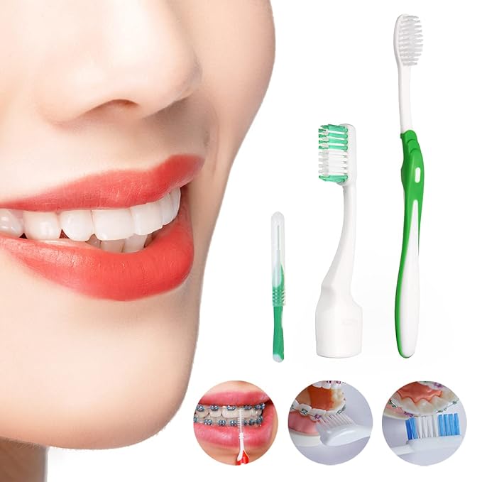 Braces Cleaning Kit for Teeth, Portable Orthodontic Toothbrush Kit Oral Care Dental Travel Kit - Interdental Brush Dental Wax Dental Floss Toothbrush Box (Green B)