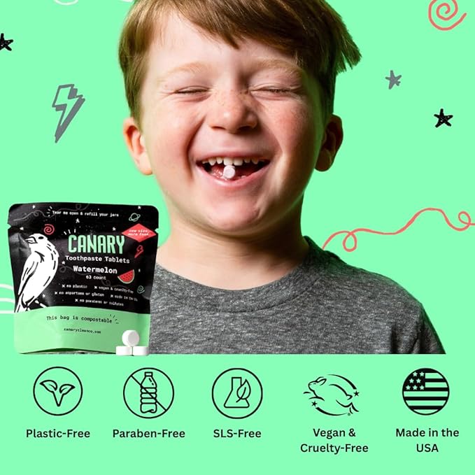 Canary Nano Hydroxyapatite Toothpaste Tablets Watermelon- Remineralizing, Fluoride Free, All Natural Tabs with Xylitol - Great for Kids, Plastic Free - 189 Count