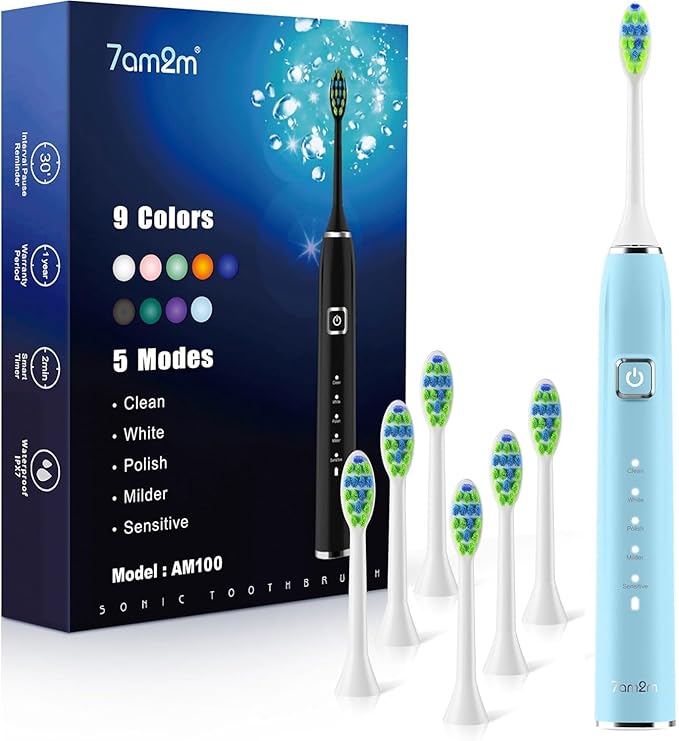 7AM2M Ultrasonic Electric Toothbrush with 6 Brush Heads for Adults&Kids, Type C Charging, One Charge for 120 Days, 5 Modes&40000VPM Powered Toothbrush, 5 Minutes Built in Smart Timer (Light Blue)