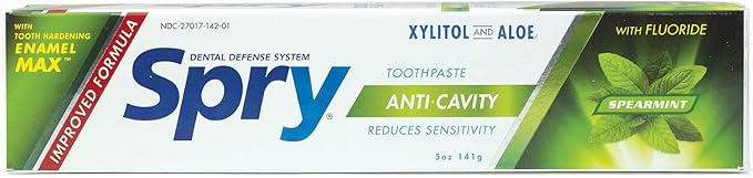 Spry Natural Xylitol Toothpaste 5oz for Adults and Kids with Fluoride, Gentle for Sensitive Teeth Whitening and Remineralizing, Breath Freshening, Mouth Moisturizing, Spearmint (Pack of 1)
