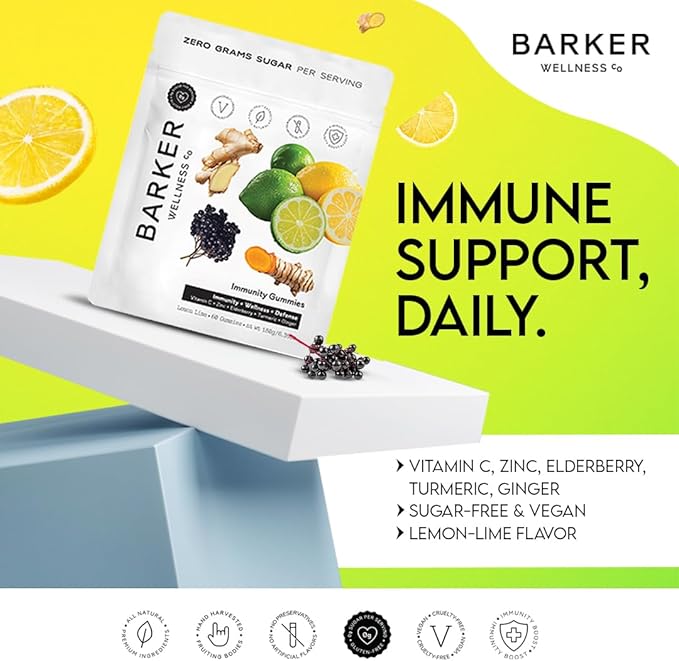 Barker Wellness Immunity Gummies with Vitamin C, Zinc, Elderberry, Turmeric & Ginger for Daily Immune Support | Vegan, Sugar-Free, Lemon-Lime Flavor | Seasonal Wellness Essentials, 60 Count