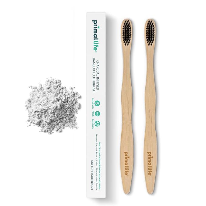 Primal Life Organics - Charcoal Toothbrush, Made with Charcoal & Bamboo, Biodegradable, BPA-Free, Perfect for Kids & Adults, Recyclable, Gently Massages Gums & Teeth, Zero Waste Toothbrush, (2-Pack)