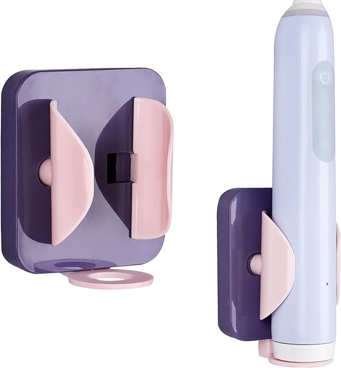 2-Pack Gravity Electric Toothbrush Holder, Wall Mounted Auto-Grip Stand with Open Drain & Charging Port, Self-Adhesive Hygienic Storage Caddy for Bathroom (Purple & Pink)