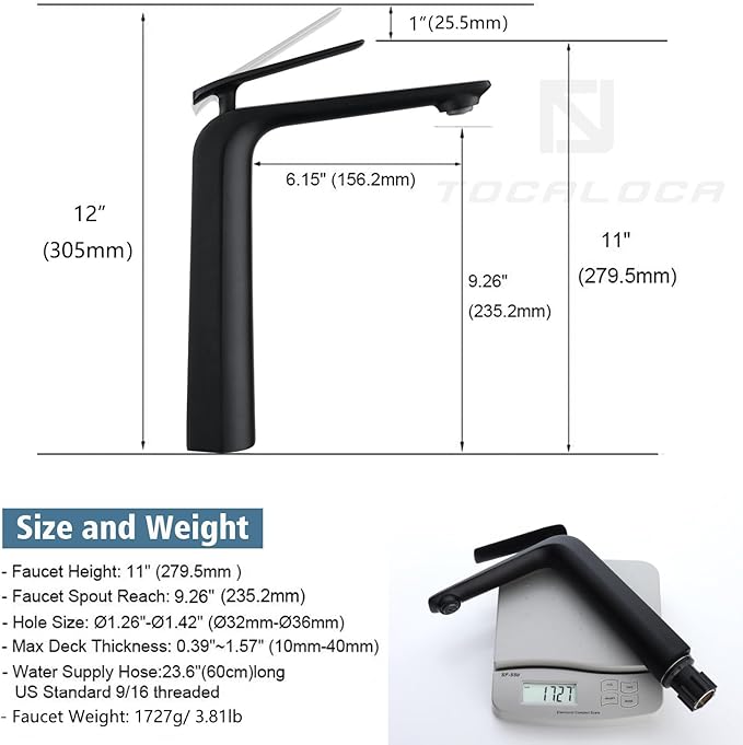TOCALOCA Black Bathroom Faucet Tall Vessel Sink Faucet Matte Black Bathroom Sink Faucet, Single Handle 1 Hole Cold and Hot Water Mixer Vanity Sink Tap