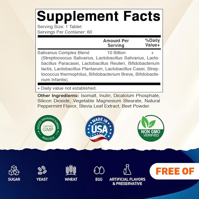 Vitamatic Salivarius Complex 10 Billion Chewable Mint Flavored Tablet - 60 Count - Oral Health Chewable Probiotics + Prebiotics - Supports Healthy Teeth, Gums, & Better Breath (Pack of 2)