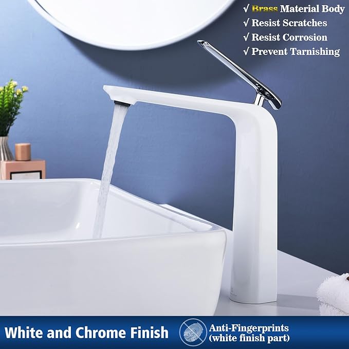 TOCALOCA Tall Bathroom Faucet White and Chrome Sliver, Vessel Sink Mixer Tap Bathroom Single Handle 1 Hole High Basin Faucet for Bowl Sink Lavatory, Brass