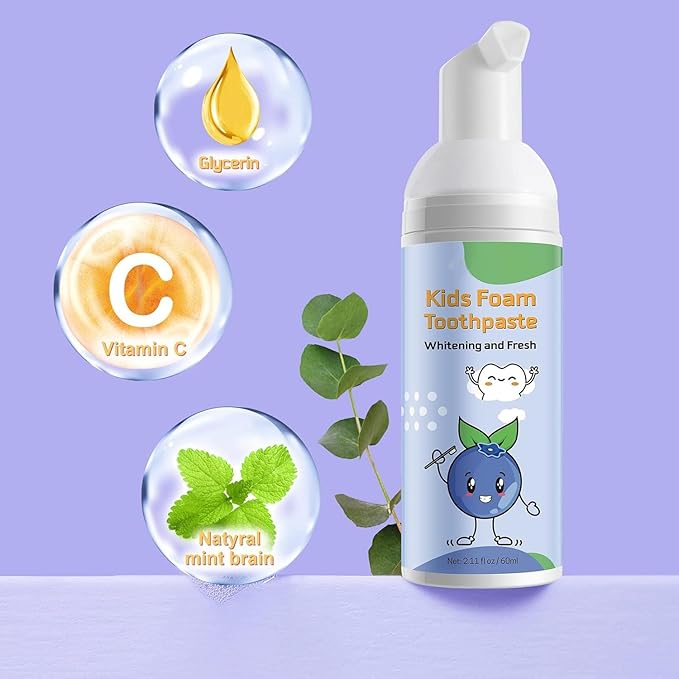 Foam Toothpaste Kids,Toddler Toothpaste with Low Fluoride & Natural Formula to Reduce Plaque, Kids Toothpaste for U Shaped Toothbrush for Children Ages 3 Plus (120 ML, Blueberry & Strawberry)