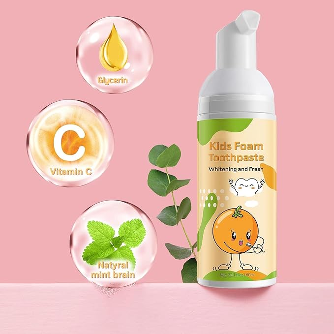 Foam Toothpaste Kids,Toddler Toothpaste with Low Fluoride & Natural Formula to Reduce Plaque, Kids Toothpaste for U Shaped Toothbrush for Children Ages 3 Plus (120 ML, Orange & Strawberry)