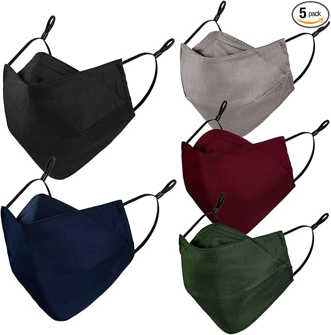 Yarehand 3-Ply Organic Cotton Cloth Face Mask Reusable Washable, Face Masks Adjustable Ear Loops Nose Wire Filter Pocket, Pack of 5 No Fog/Dust for Unisex Adult (5 Color)