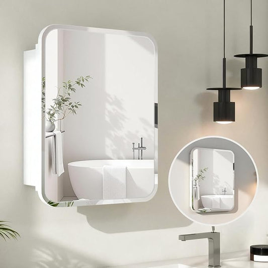Rectangle Medicine Cabinet with Beveled Edge Mirror, No-Assembly Bathroom Wall Cabinet with Mirror, Adjustable Shelves, Tissue Slot, Recessed or Surface Mount (26" H x 20" W)