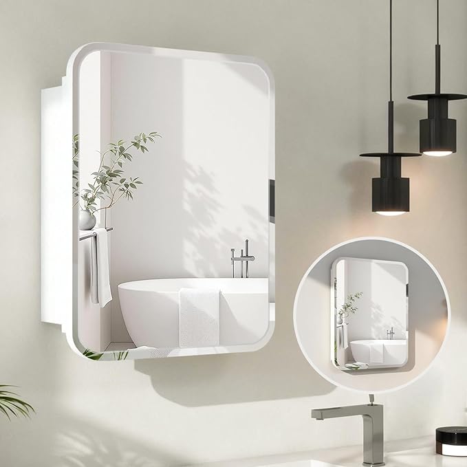 Rectangle Medicine Cabinet with Beveled Edge Mirror, No-Assembly Bathroom Wall Cabinet with Mirror, Adjustable Shelves, Tissue Slot, Recessed or Surface Mount (20" H x 16" W)